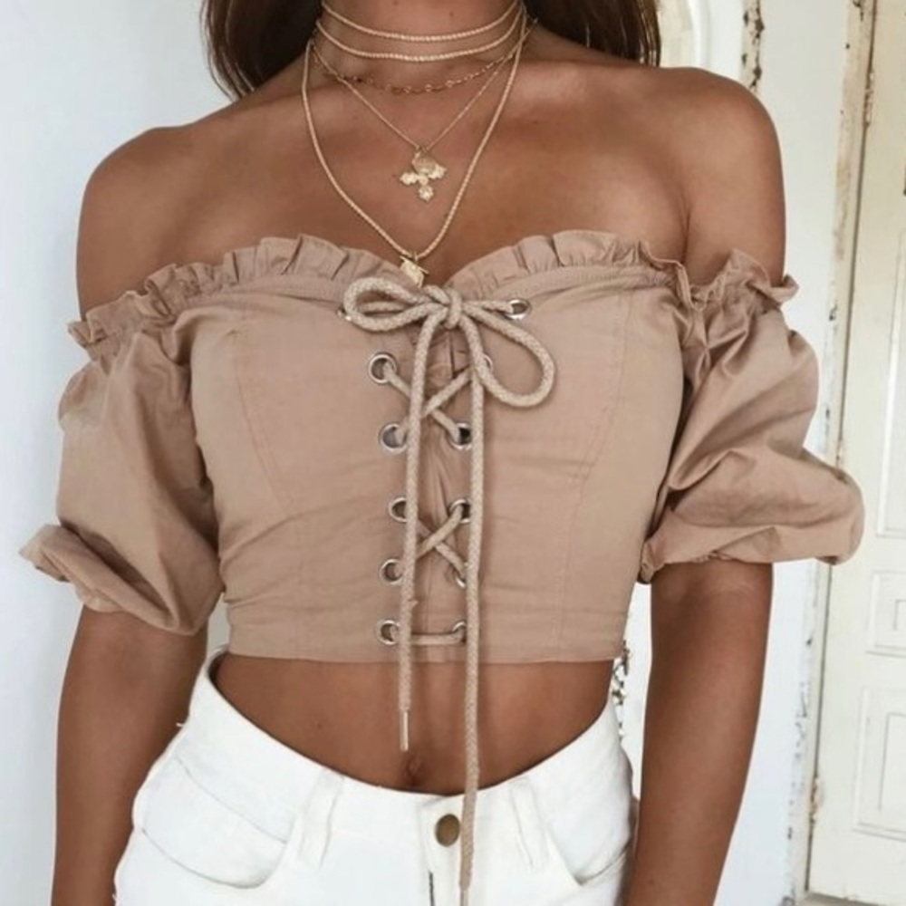 Khaki Off Shoulder Top From I.Am.Gia